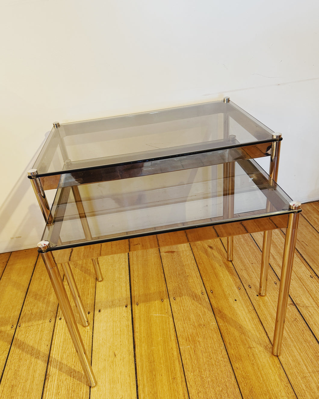 1970s HEAVY CHROME / Nesting Tables w/Bronze Fumé Glass