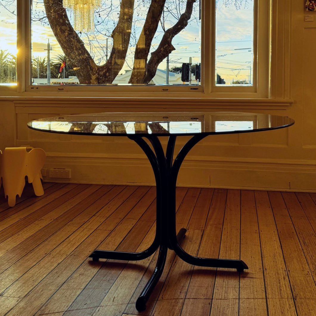 POST MODERN / Tubular Black + Smoke Glass Round Dining Table