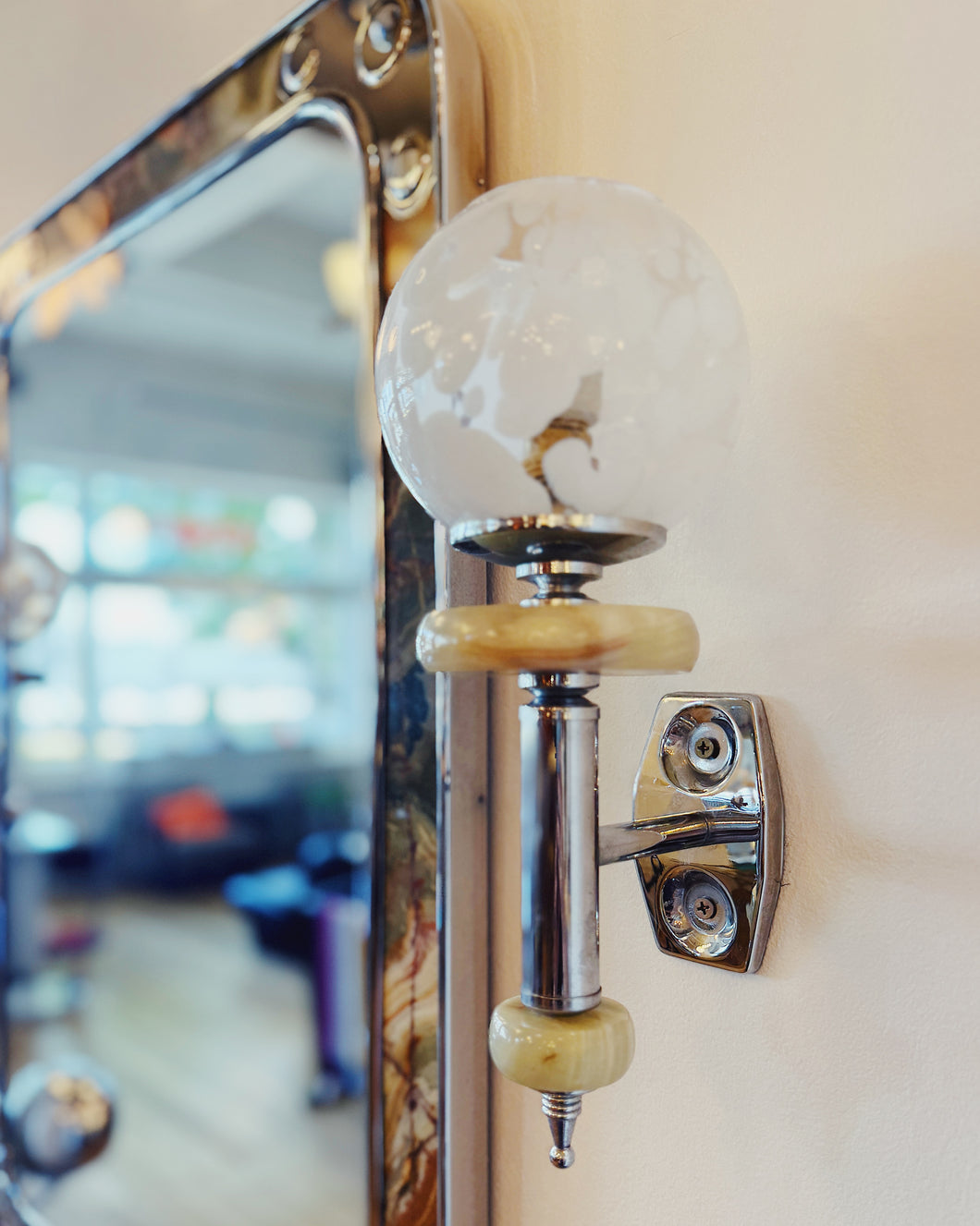 VINTAGE / Pair of Onyx Chrome Glass Wall Lights with White Spotted Glass Shades