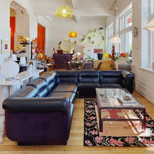 Load image into Gallery viewer, VANDEROZA / 1970’s Modular Sofa in Black Leather + Aubergine Velvet
