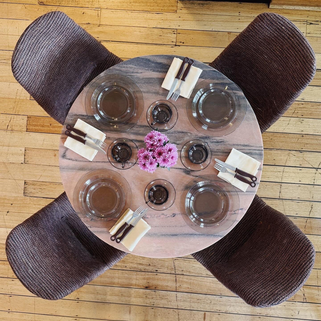 CONTEMPORARY / CAFE TABLE W/PINK MARBLE TOP + BRASS BASE